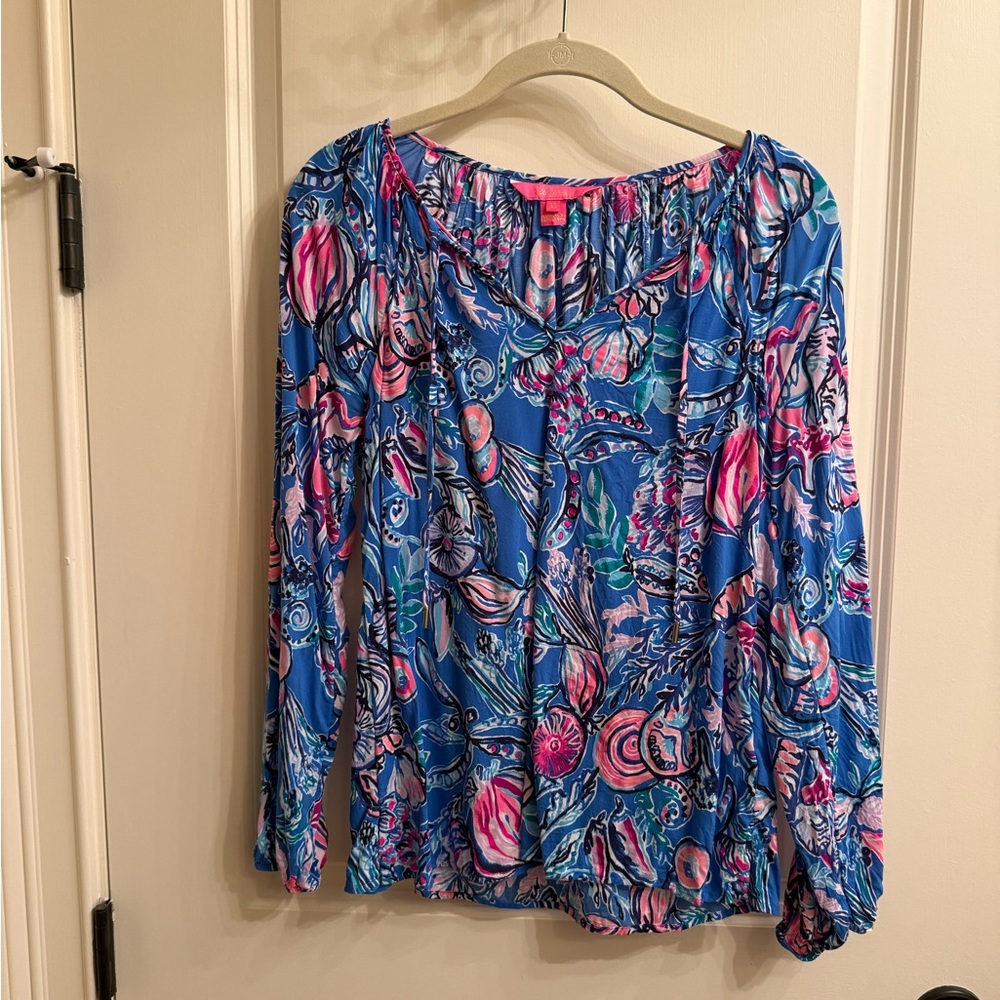 Blue Floral Long-Sleeve Peasant Top - Women's